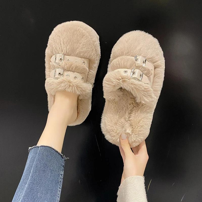Fashion 2024 New Plush Baotou Slippers Fairy Style Outerwear Fashion Buckle Thick Sole Warm Women's Shoes Casual Tenis De Mujer