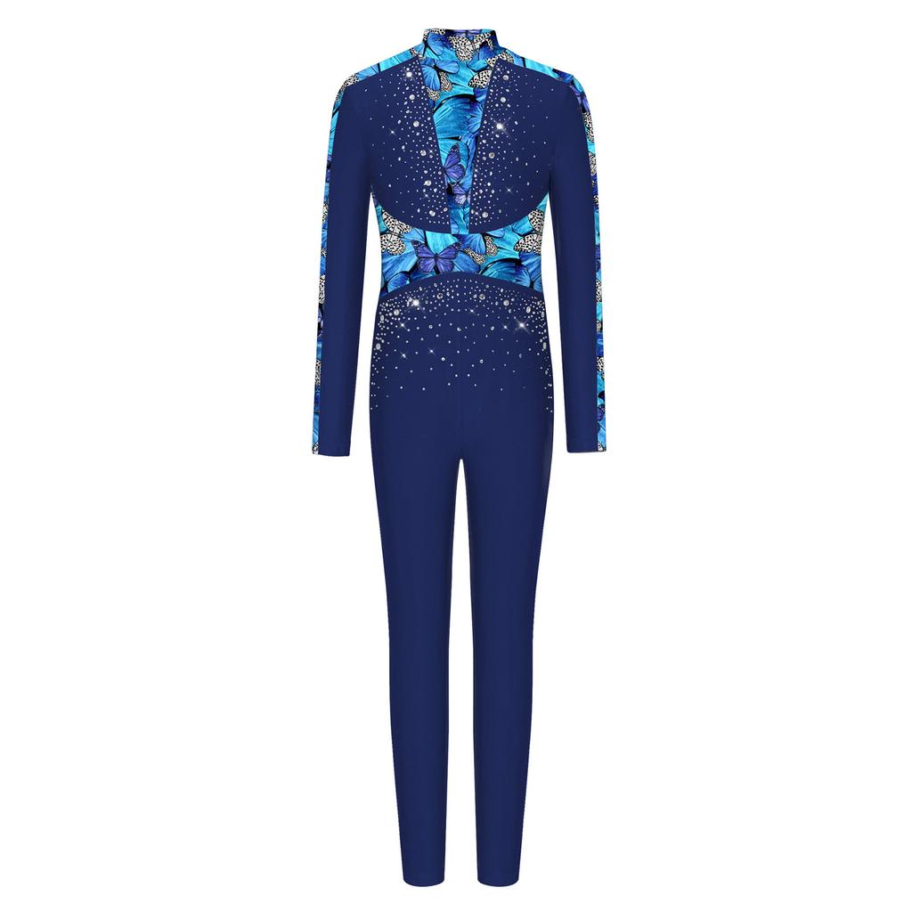 Leotard da Ballo da Bambina a Maniche Lunghe con Paillettes e Strass, Lucido, Full Body, Zip Invisibile Posteriore
