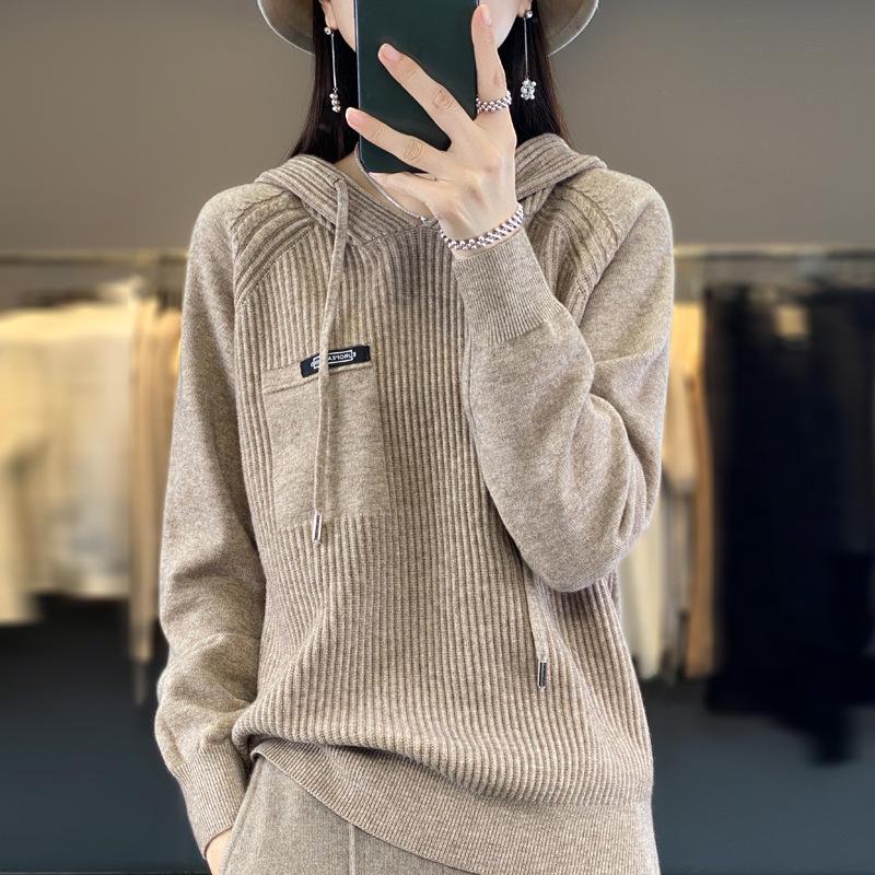 

Женский черный вязаный свитер с капюшоном - повседневный корейский стиль, длинный рукав, осенне-зимний топ XL верблюд