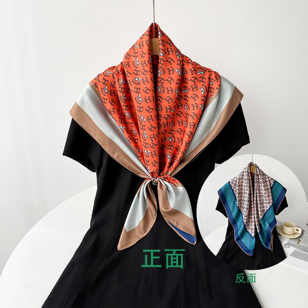 Twill silk double-sided printed silk scarf large square scarf women s new scarf European and American orange foreign trade headscarf shawl