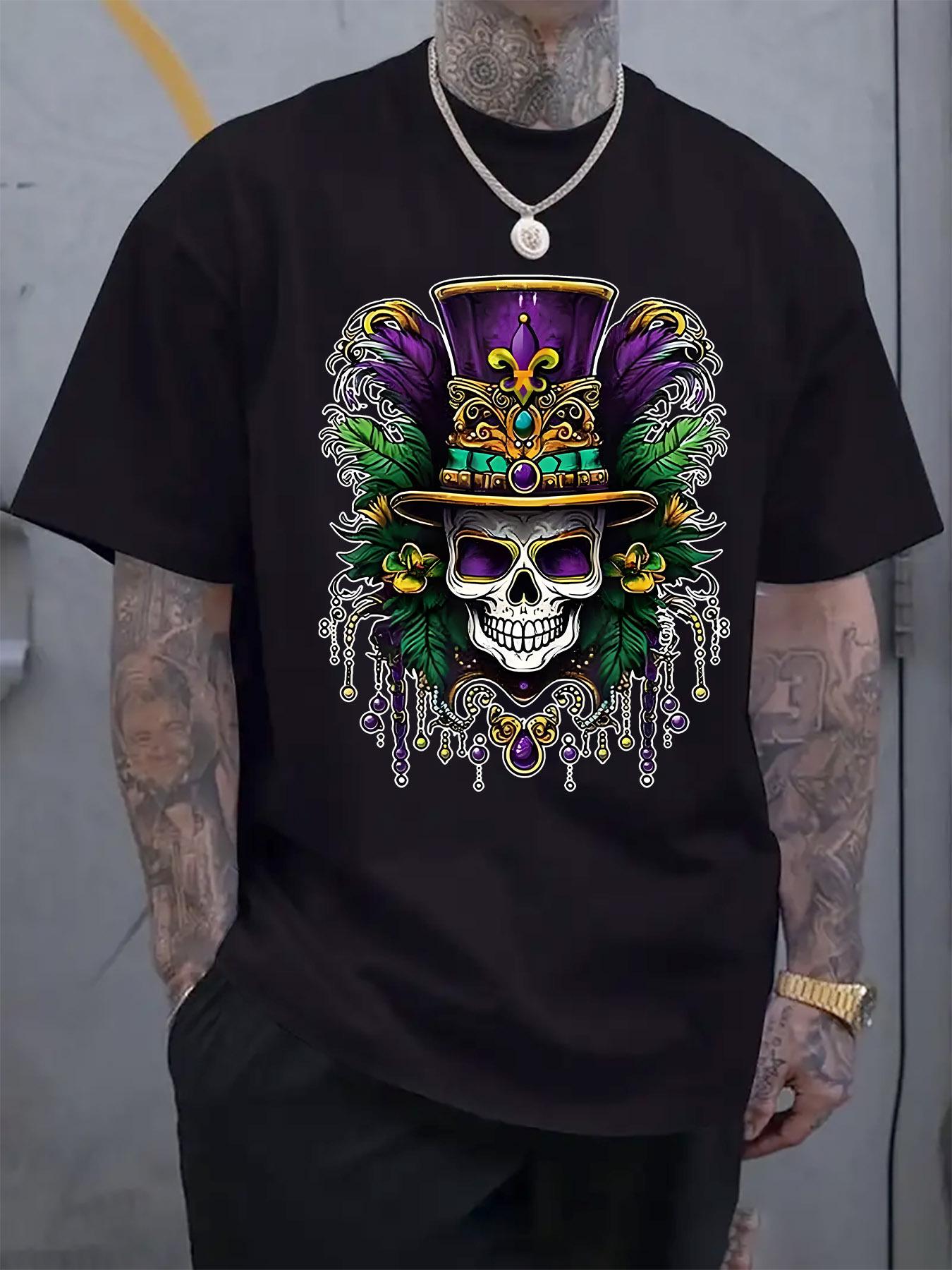 Mardi Gras Skull Graphic Tshirt - Black Short Sleeve Crew... S