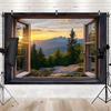 2D Printed Open Window Backdrop Mountain Sunset with Pine Trees Background Cloth