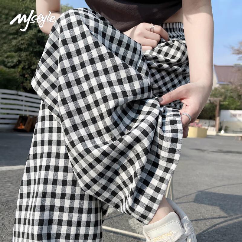 MJ STYLE Women's 2025 New Summer High-Waist Plaid Wide-Leg Casual Pants