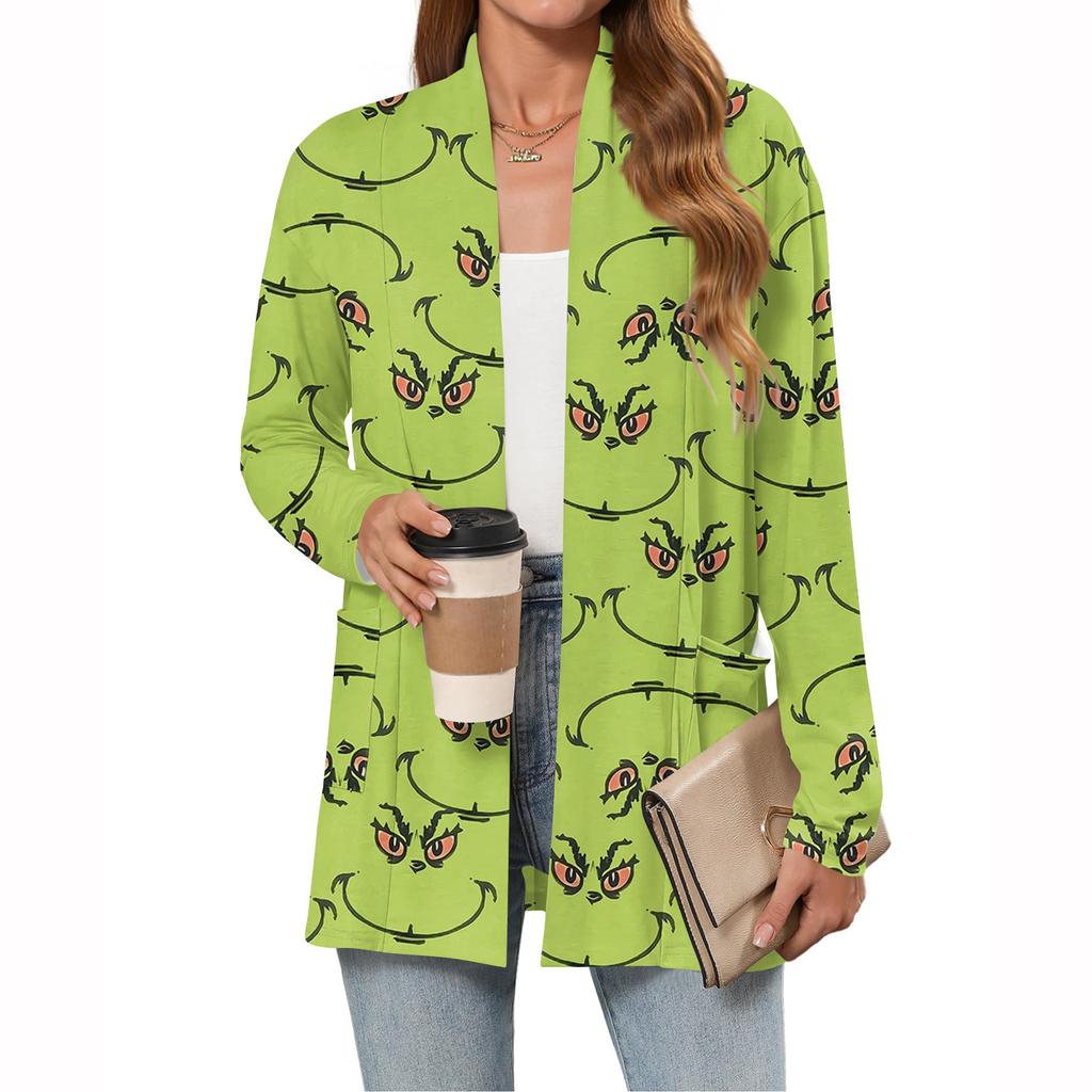 Damen Weihnachten Bedruckter Leichter Cardigan Langärmlig Lässig Locker Dünne Passform Mit Taschen Cardigan Jacke