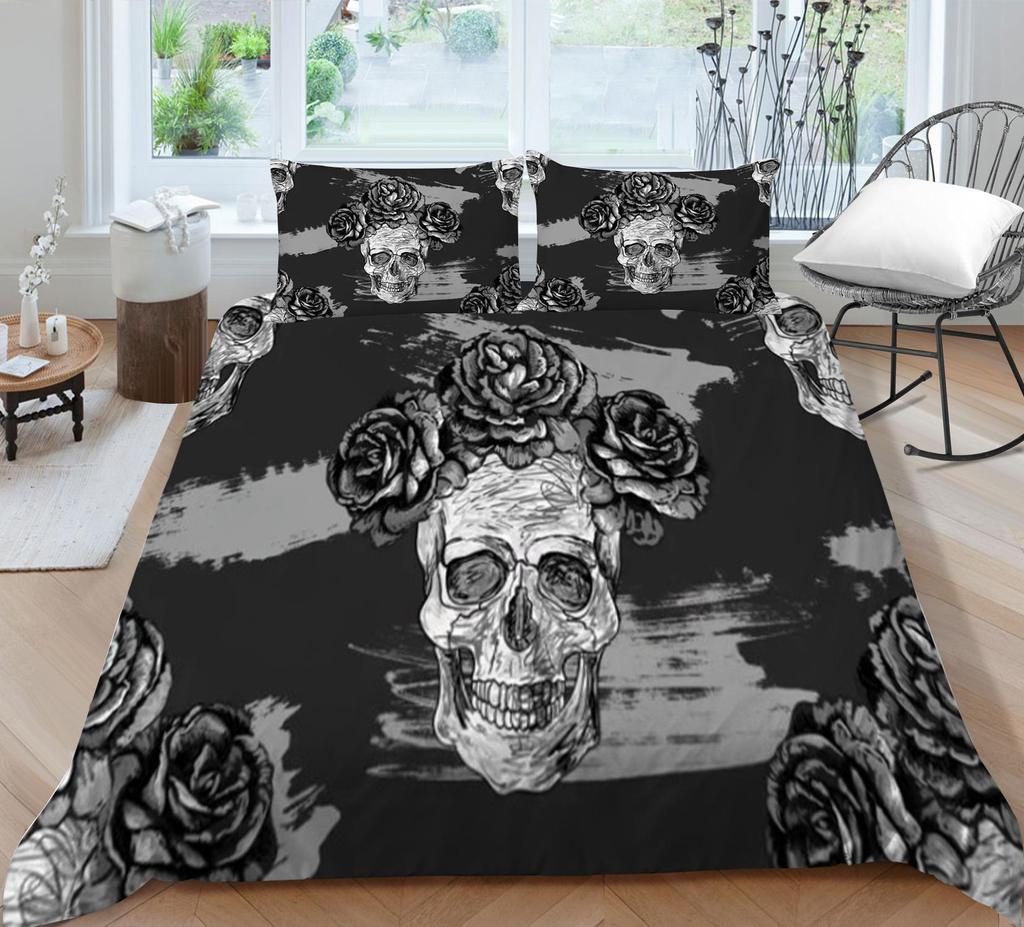 3D-Druck-Schädel-Bettset, atmungsaktiv, Heimbettwäsche mit Kissenbezug, für Kinder, Herren, Teenager, hochwertiger Bettbezug