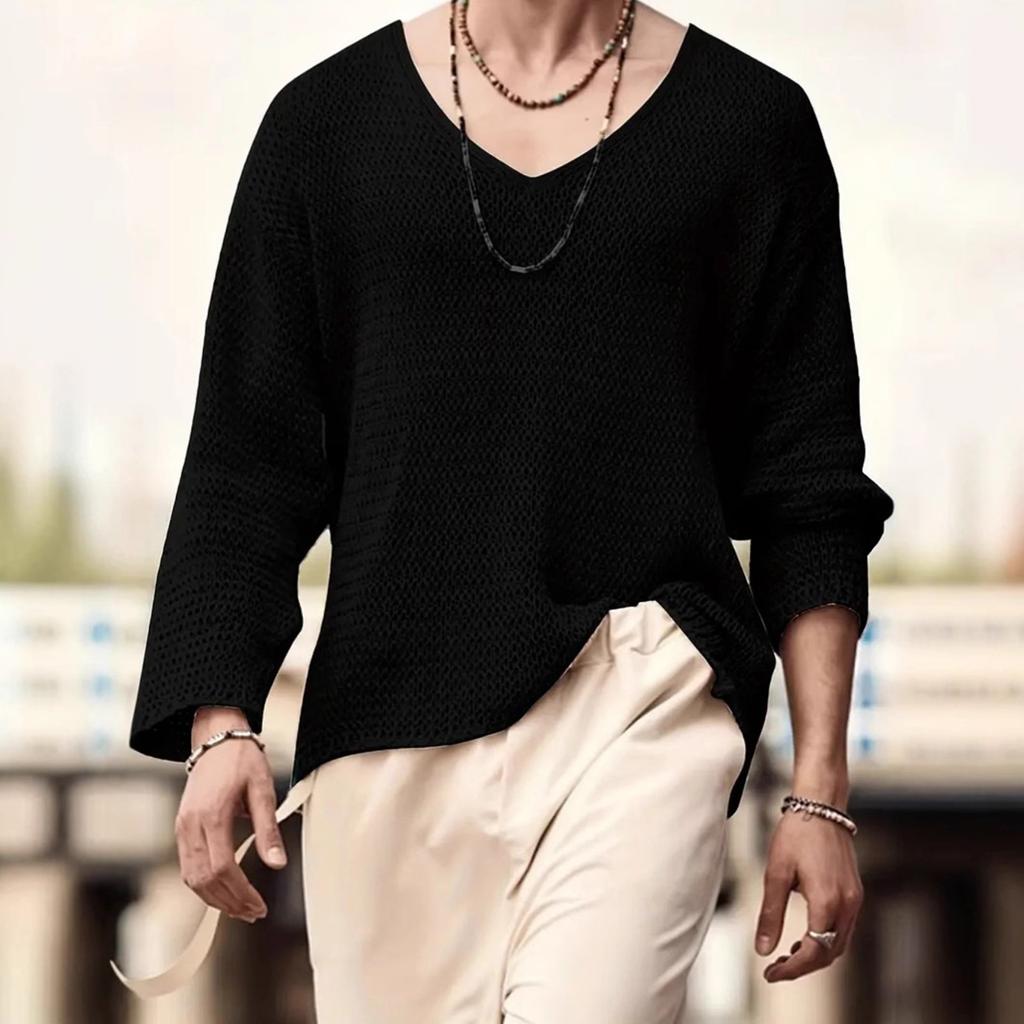 Men's Casual Loose Knitted Pullover Hollow-out Long-sleeves Sweater