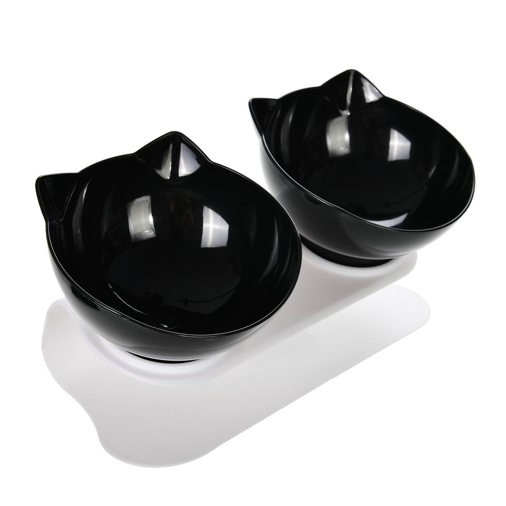 Double Cute Elevated Cat Bowls With Stand Neck Guard Pet Food Water Feeder Bowl For Small Cats Dogs Black White Transparent