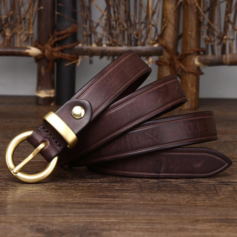 2.4Cm Wide Leather Belt Women'S Copper Buckle Korean Version Trendy Versatile Personalized Retro Pure Cowhide Jeans Belt