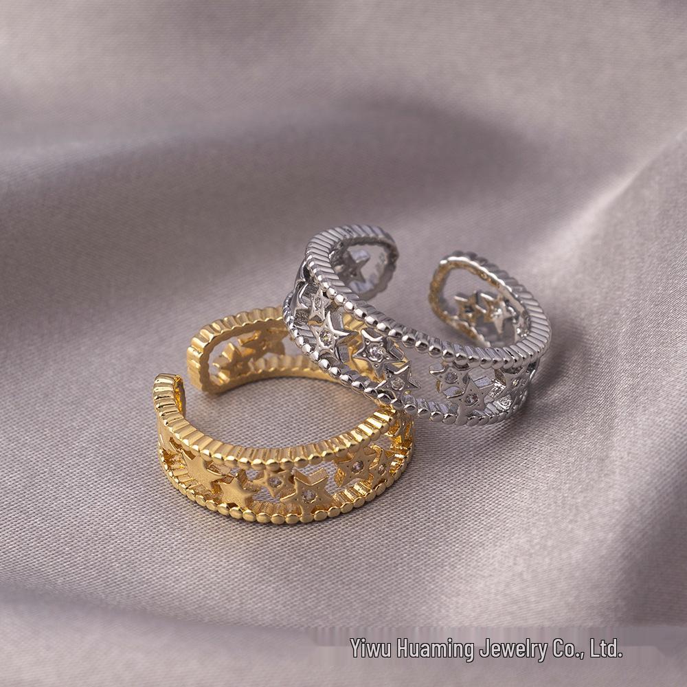 European-American Niche Zircon Ring: Real Gold, Trendy Star Design, Non-Fading, Celebrity-Style Jewelry