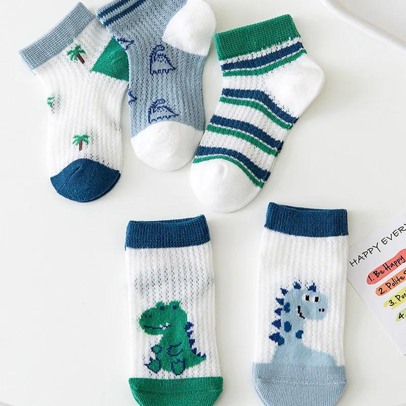 5Pairs/Set Cartoon Dinosaur Print Baby Socks Summer Thin Mesh Breathable Sport Sock Cute Stripe Kids Boy Girl Casual Socks