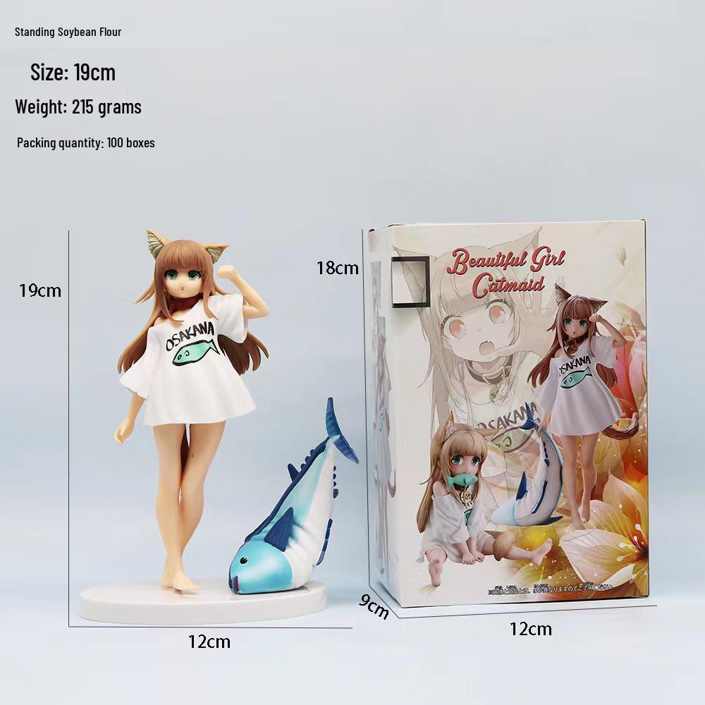 Soybean Catgirl Figurine: Cute Sitting Pose Eating Fish Ornament