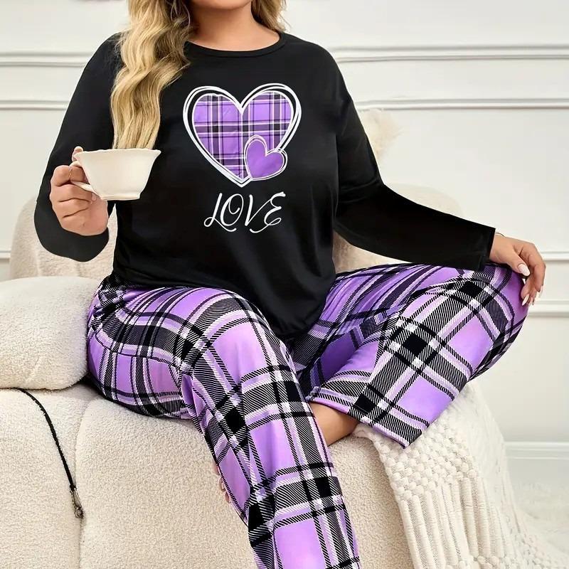 Plus-Size Curvy Women's Long-Sleeve Long-Pants Loose-Fit Casual Heart-Print T-Shirt Set