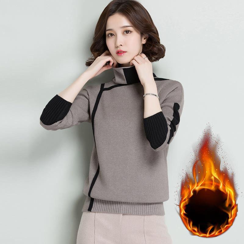 

Женский теплый свитер с высоким воротом, джемперы с длинным рукавом, трикотаж, повседневные осенне-зимние пуловеры, женские эластичные высококачественные трикотажные флисовые свитера 3XL хаки/серый