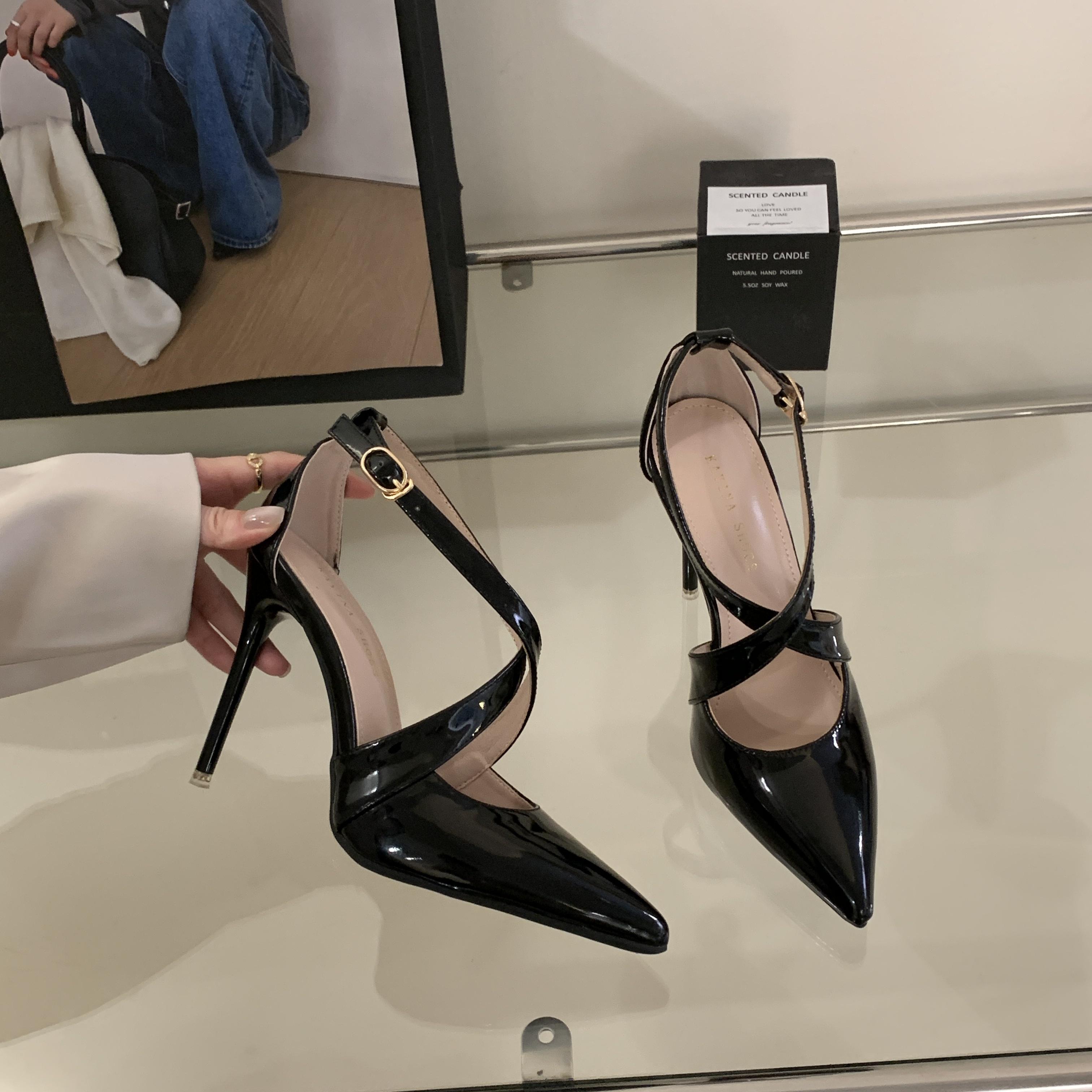 

Summer Ladies Pumps Fashion Pointed Toe Cross Buckle Patent Leather Fine Heeled High Heeled Sandals Women 35