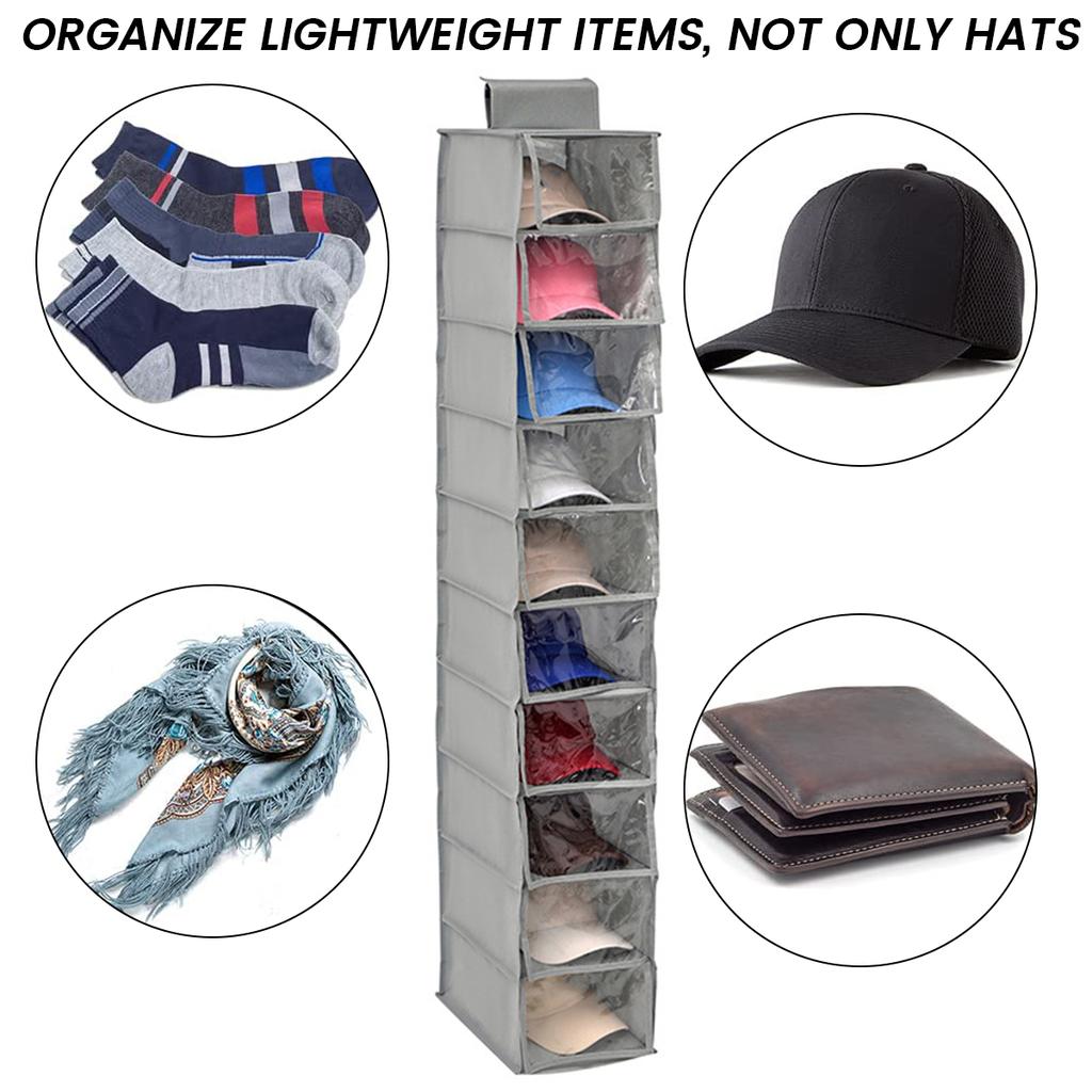 10-Layer Hanging Storage Bag Hat Organizer for Closet Cap Organizer with Dust Cover Rack Collapsible Wardrobe Sundries Organizer