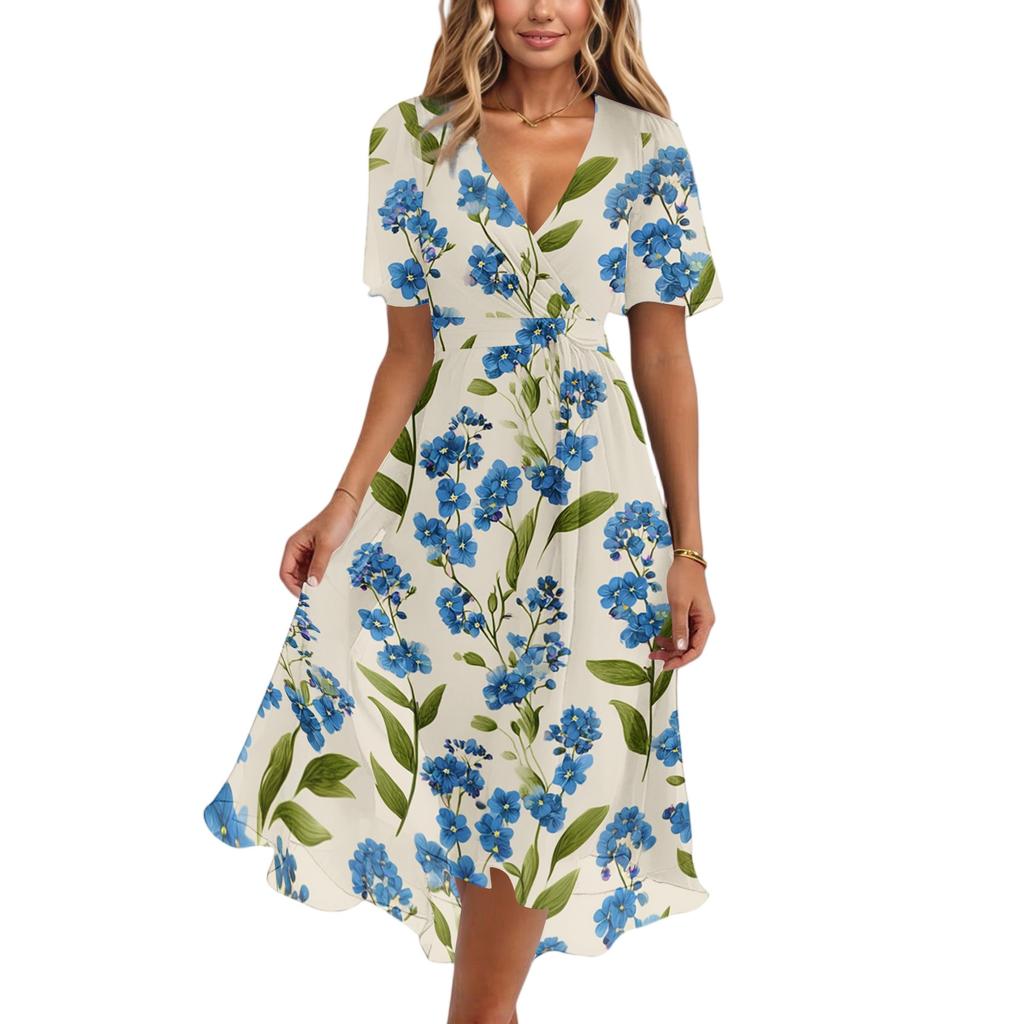 Women's Casual V Neck Short Sleeve Floral Print Dress Lightweight Summer Midi Dress with Elastic Waist and Flared Skirt for Daily Wear