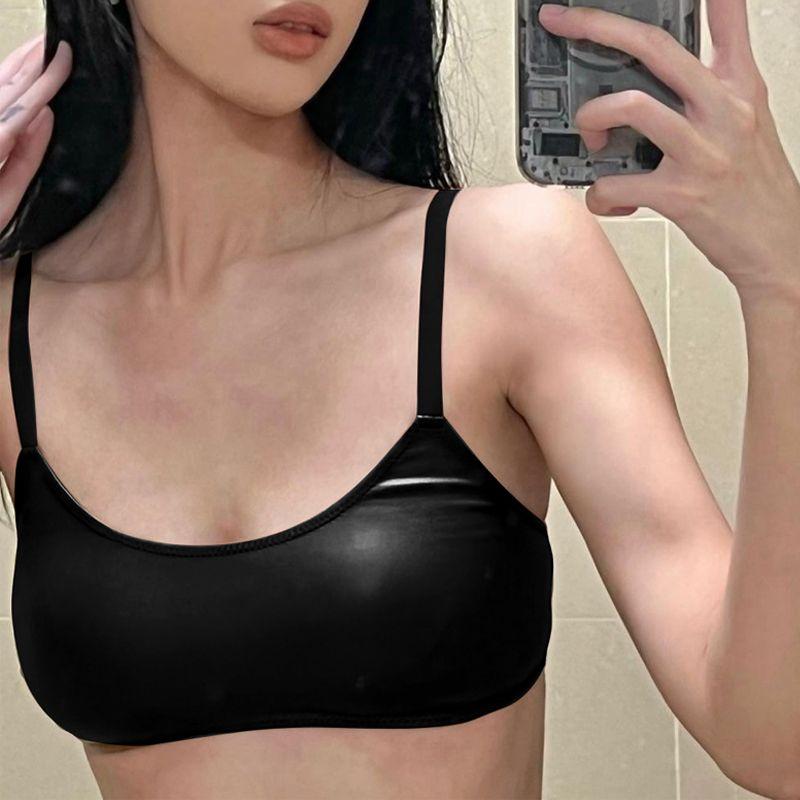 

Women s Fashion Solid Color Slim Fit Ultra Short Crop-Top Spaghetti-Strap Black S