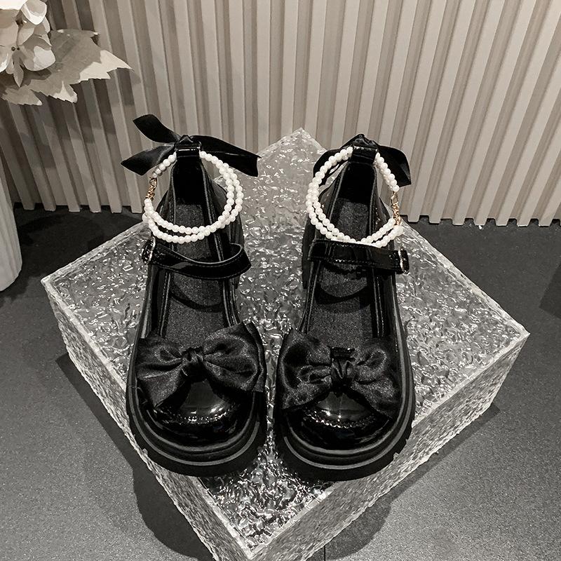 Fashion Thick soled shoes women's bow round toe cute high heels spring new versatile elegant comfortable small leather shoes