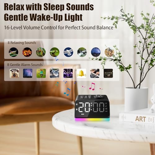 HUO JI Digital Alarm Clock with Large LED Screen, Adjustable Color & Brightness, Radio, 8-Color Dimmable Night Light, Nature Sounds, Sleep Timer, Doub
