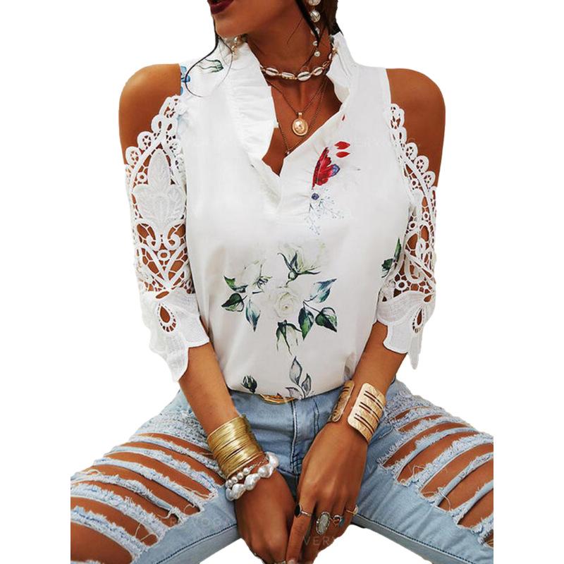 GMXIA Summer Women's Top Floral Print Off-the-shoulder Lace Patchwork Long-sleeved T-shirt for Women