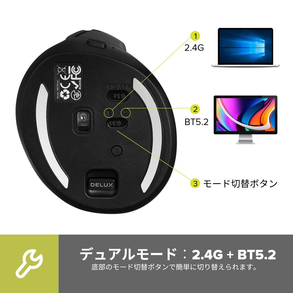 DELUX Ergonomic Wireless Bluetooth 6 4000 Relieves Carpal and Hand for and Macs Mouse, Quiet, Compact, Vertical, 5.2 & 2.4GHz, Rechargeable, Buttons,