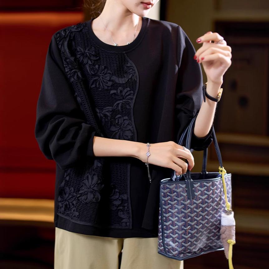 Dámské trendy černé tričko s dlouhým rukávem s výšivkou, zima 2024, nový čínský styl, nadměrná velikost