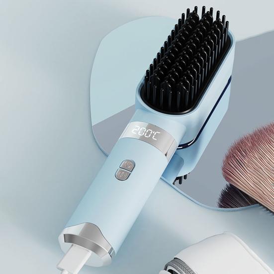 Cordless Hair Straightener Brush 4 Temperature Modes Adjustable LED Display Fast Heating Portable Travel Electric Hot Brush Curly Hair Styling