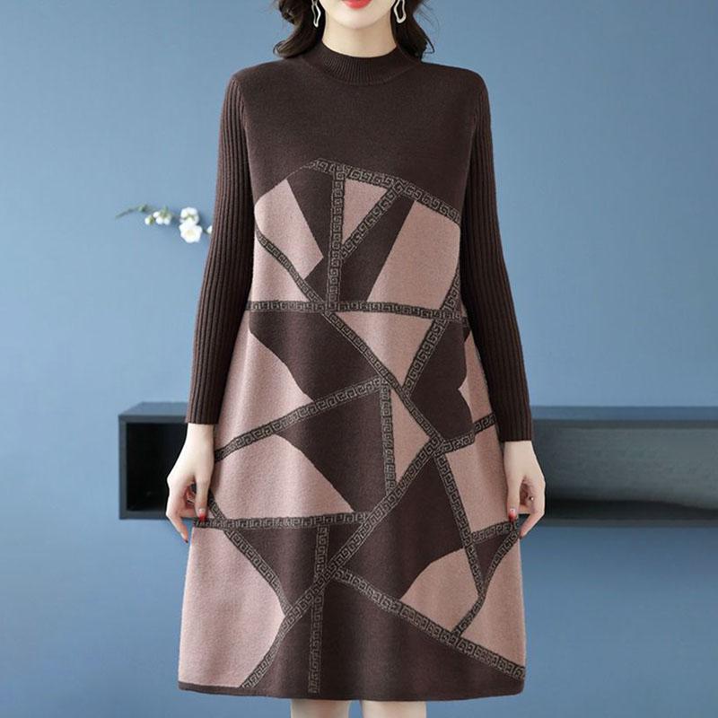 Autumn Winter Women's Plus Size Sweater Dress Loose Pullover Color-Block Knit Midi Dress Thick A-line Sweater Dress