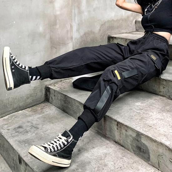 Women Loose Cargo Pants Multi Pockets Elastic Waist Casual Lady Trousers Plus Size