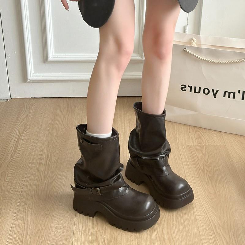Small inner height increase Martin boots women's pleated stacking boots retro thick heel western cow black versatile soft sole