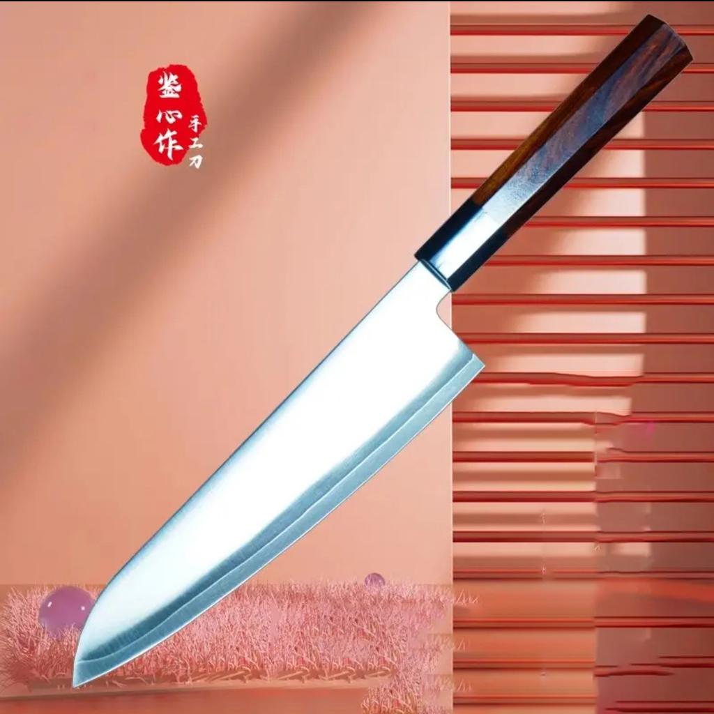 8.3 Inch Chef Knife 3-layers Clad Steel DC53 Blade Wood & Ox Horn Handle Sharp Slicing Cleaver Handmade Forged Kitchen Knives