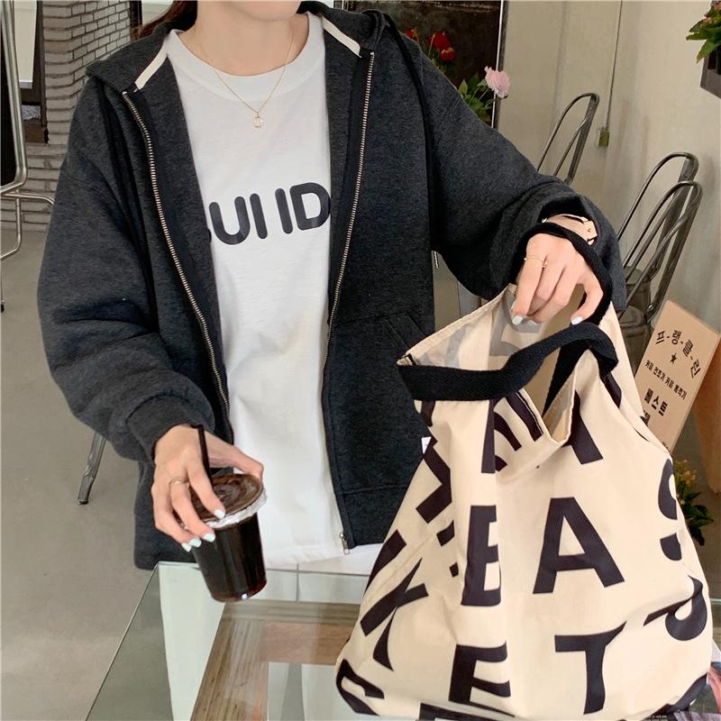 Spring and Autumn Loose Zipper Long-sleeved Cardigan Jacket Women Solid Color Hooded Sweater Students Cardigan Small Jacket
