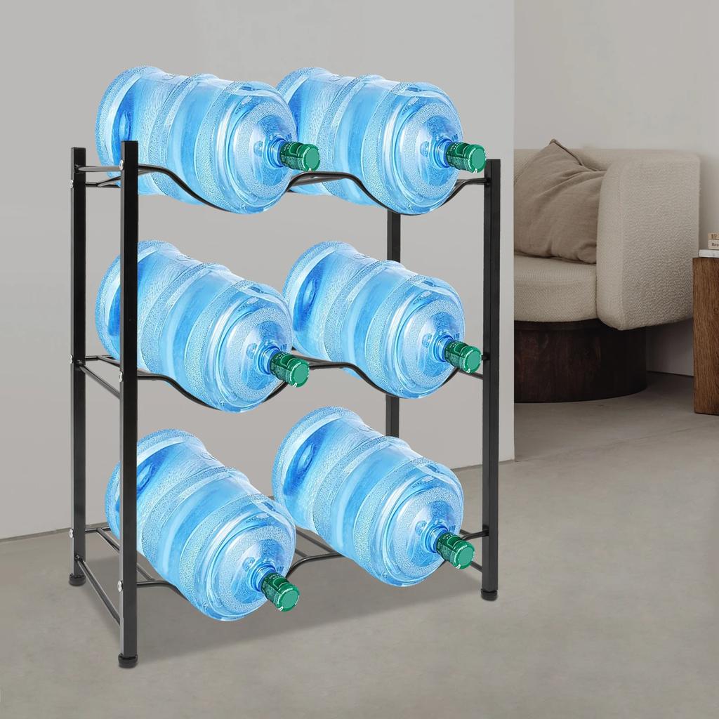 3-Tier Black Water Bottle Rack – 5 Gallon Water Jug Holder – Sturdy Steel Floor Standing Organizer W/ 6 Slots for Home & Office