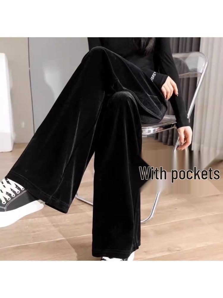 Women's Gold Velvet Wide-Leg Pants - Autumn/Winter 2025 High-Waisted, Plus Size, Elegant Drape Style