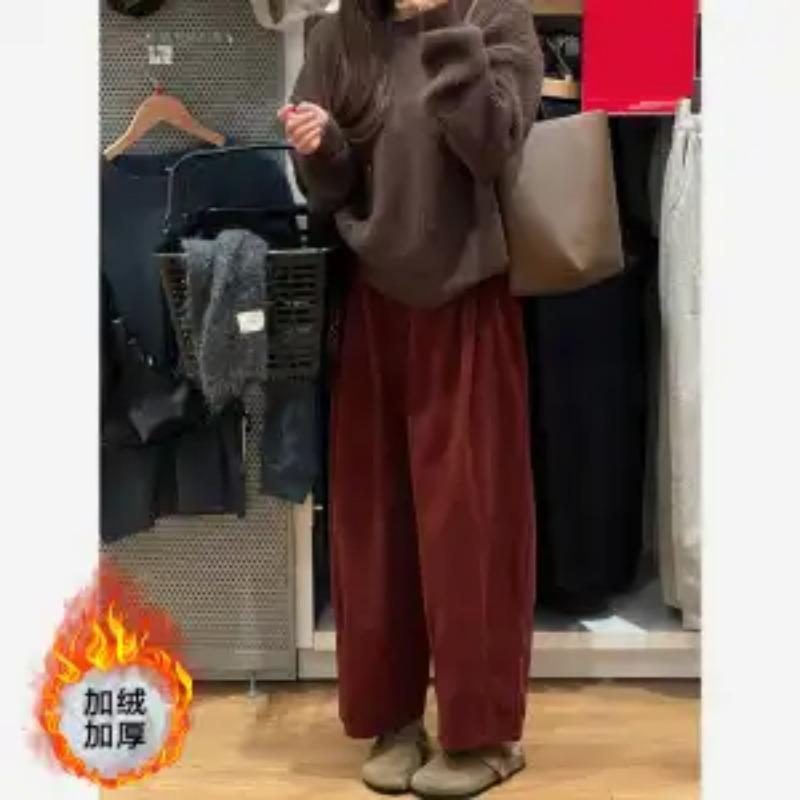 

Korean High-waisted Corduroy Wide-leg Pants for Women Autumn Winter Thickened Velvet Loose and Versatile Casual Nine-point Pants S красный
