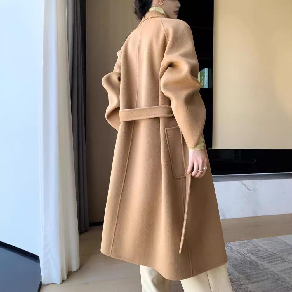 Damenwollmantel doppelseitig mit Bindegürtel: Herbst/Winter, 100% Wolle, Überknielang, Lockere Passform