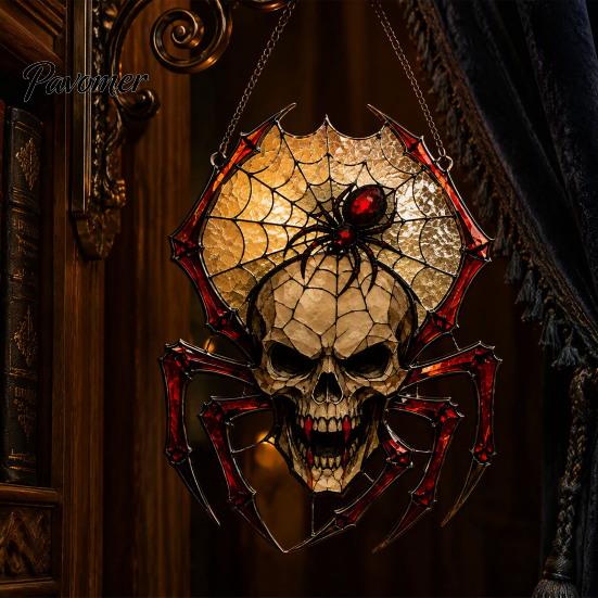 Acrylic Skeleton Suncatcher Halloween Wind Chime Skull Spider Suncatcher, Double Side Printed Window Retro Horror Party Supplies Ornament, Outdoor