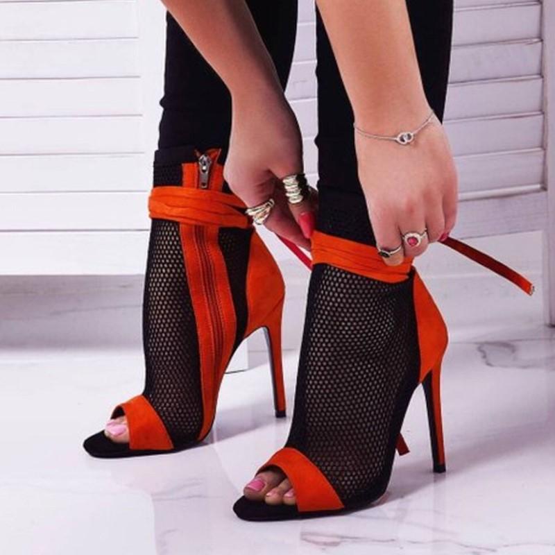Spring Autumn New Sexy Mesh Ankle Boots Sandals Women Peep Toe Stiletto Heels Fashion Zip Lace Up Ladies Club Party Dance Shoes