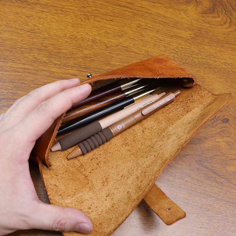 Korean Style Vintage Vegetable Tanned Leather Long Wallet Pencil Case Large Capacity Multi-Purpose Stationery Eyeglass Holder