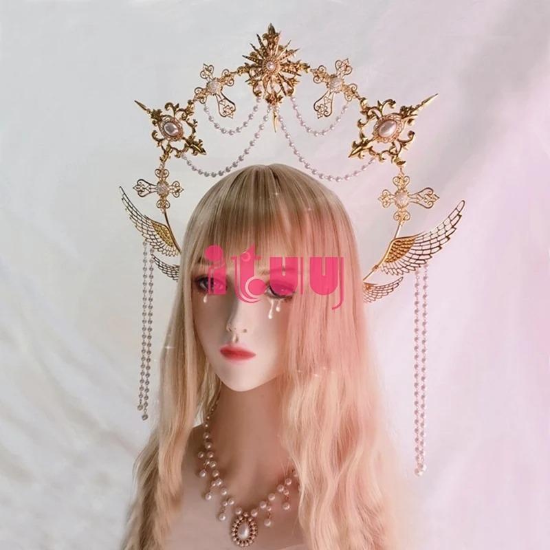 Halo Headwear Gothic Style Lolita Angel Wings Goddess Sun Virgin Mary Spiked Pearl Pendant Golden KC Halo Crown Hair Accessories