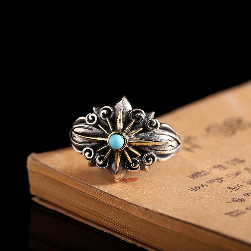 New Thai Silver Fine Craftsmanship Men's Jewelry: Vintage Turquoise Starlight Open Ring, Personalized Direct Sale