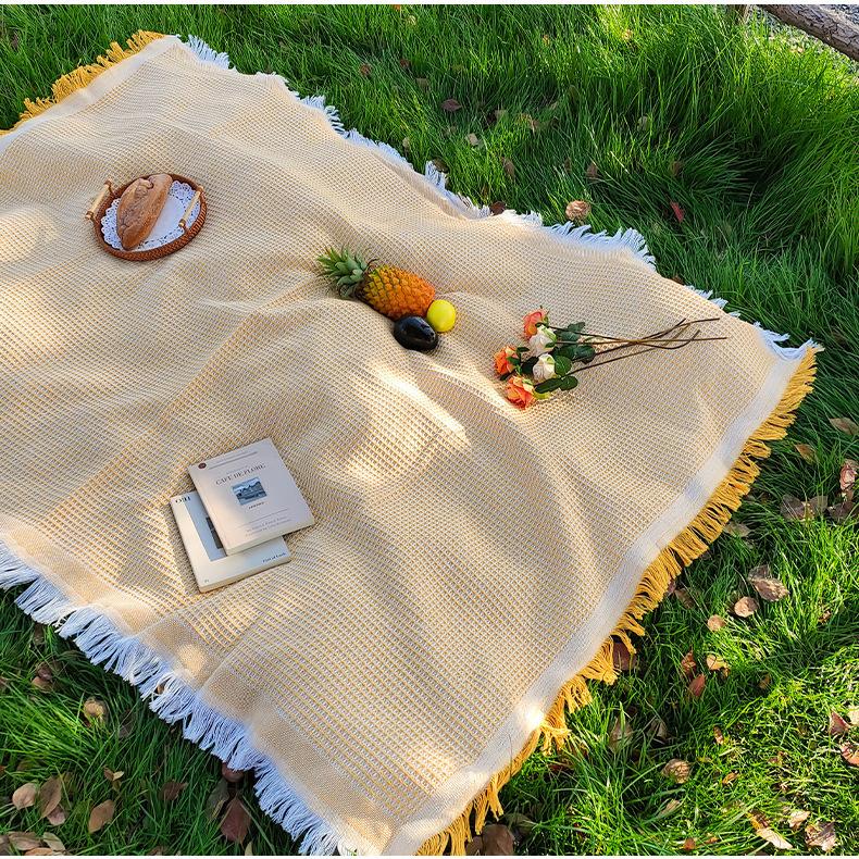 Waffle Tassel Picnic Blanket, Ins Style Breathable Linen Camping Mat, Decorative Beach Throw Blanket