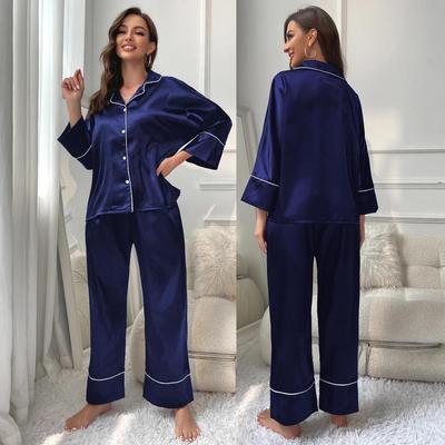 Women’s Sleeping Suits Imitation Silk Satin Pajamas Set Long Sleeves Button Up Shirt and Pants Pyjama Nightwear Autumn Spring Lounge Wear