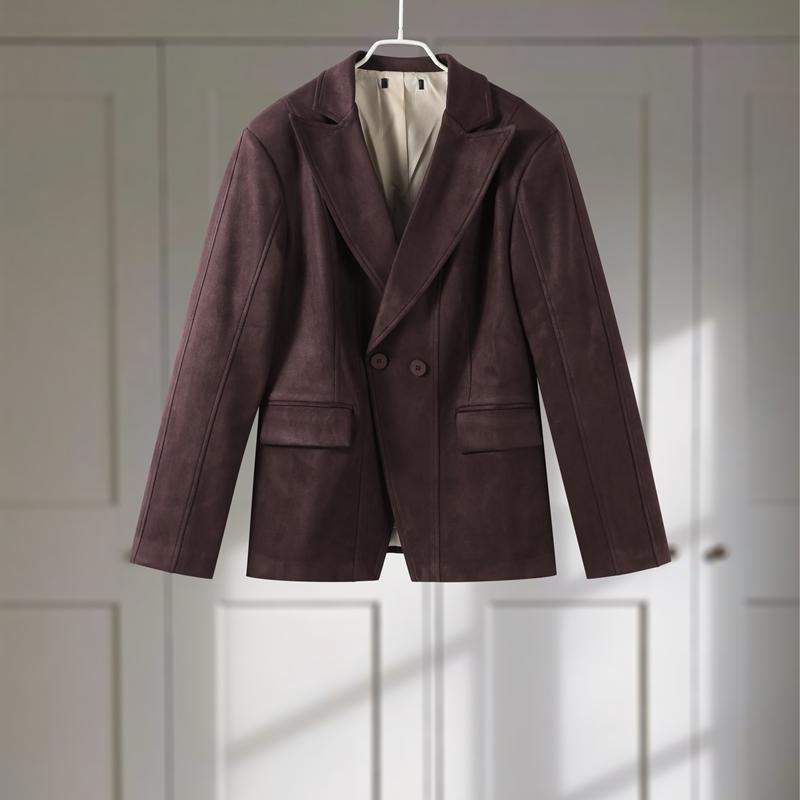 Dark Brown Suede Laplel Jacket Women's Warm Long Sleeve Commute Outerwear Retro British Style Temperament Jacket Autumn 2025