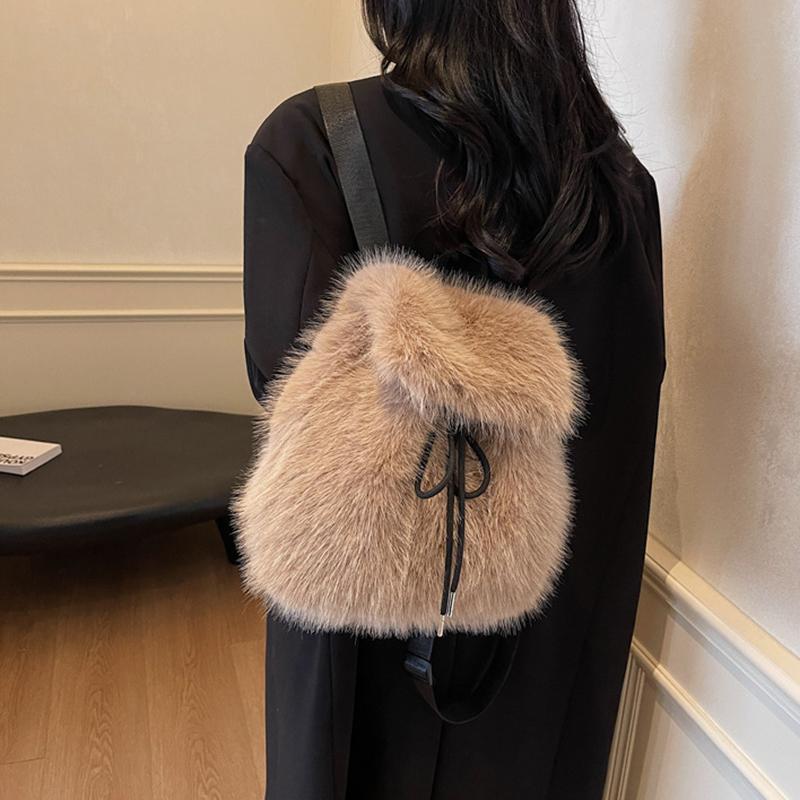 Plüsch Rucksack Damen Klein Niedlich Kordelzug Flauschige Tasche Einfarbig Weicher Rucksack Winter Warm Kunstfell Schulter Rucksack