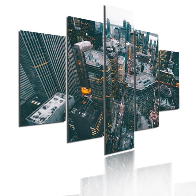 Wall Art Metropolis Skyscrapers Canvas Painting 5 Pieces Modular Picture Bustling City Night Poster HD Printed for Home Decor