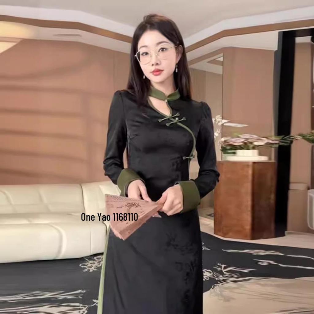 Plus Size Chinese Style Dark Jacquard Spring 2025 Retro Long Dress