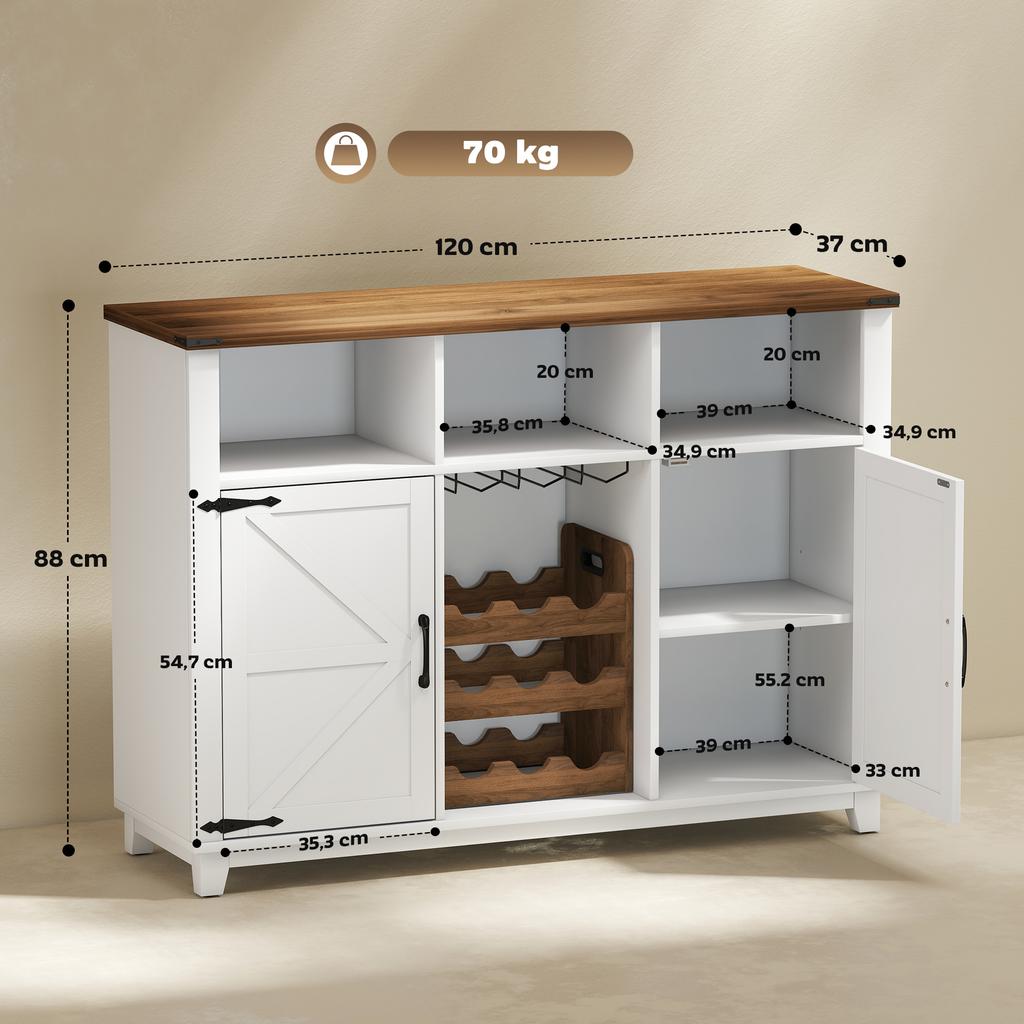 Rustic Kitchen Cabinet with Adjustable Shelves and Wine Rack Auxiliary Furniture for Dining Room, Living Room 120x37x88 cm White