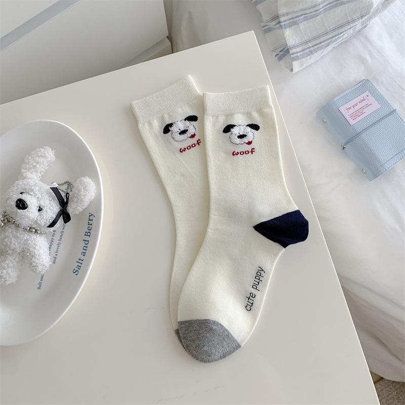 Cute Cartoon Striped and Color-blocking School-style Socks for Spring and Autumn, Plush Three-dimensional Puppy Fabric Label Socks