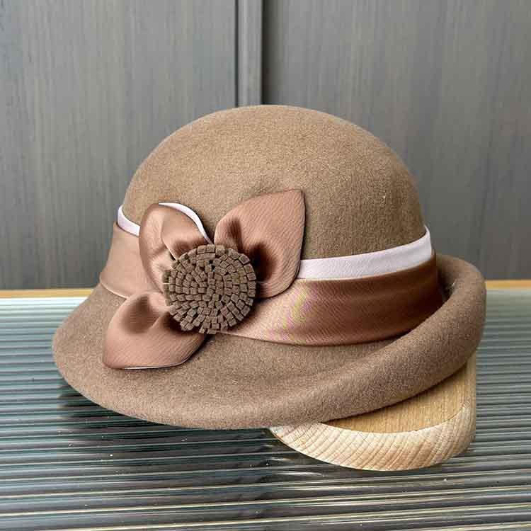 Wool Hat Winter Women'S Fashion Bucket Hat High-End Three-Dimensional Satin Flower Bud Hat Half-Roll Top Hat